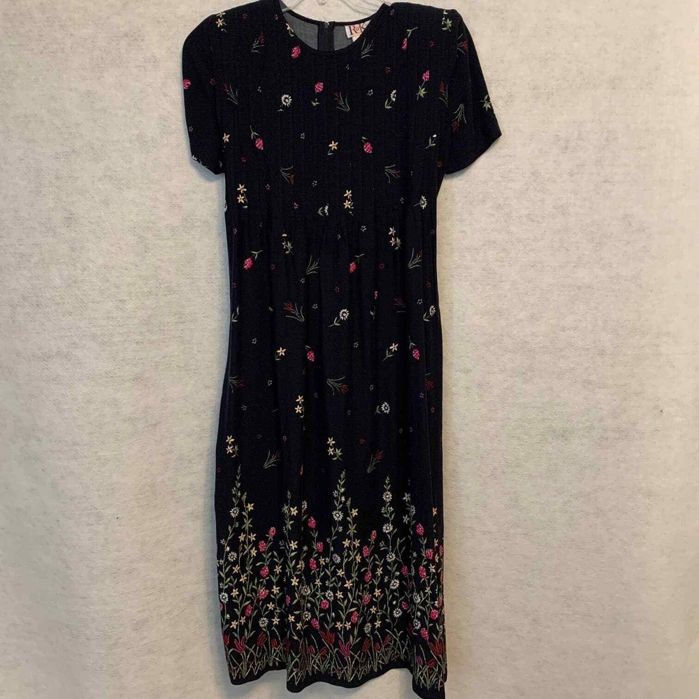 R&K Originals Floral Maxi Dress Womens 12 Navy Blue Good Vintage Pintuck Tie